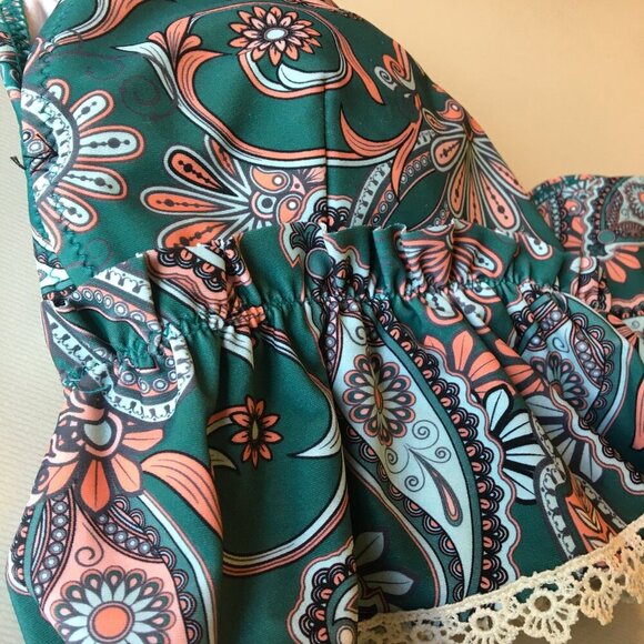 Cupshe 2pc Swimsuit Teal Green Floral Ruffle Top Boho Girlie - Picture 13 of 13